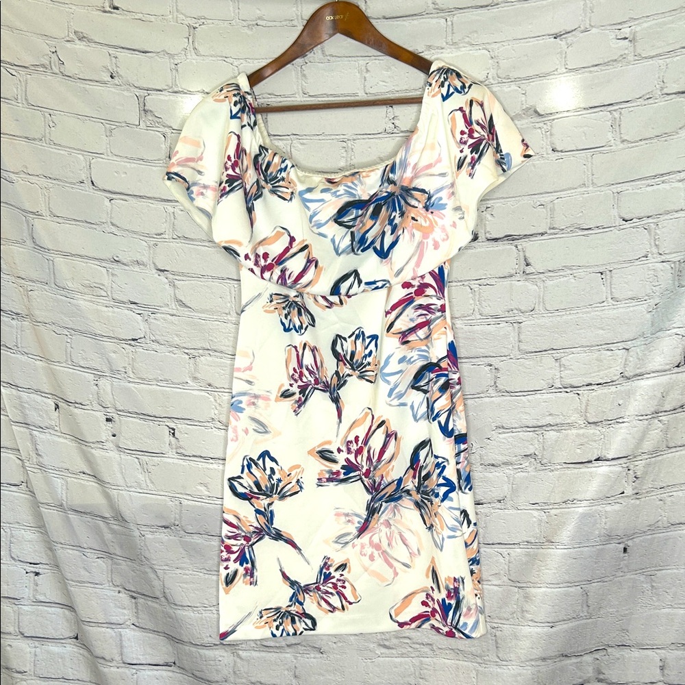 Badgley Mischka Off White Pink Blue Floral Print Flutter Sleeves Dress Size 8